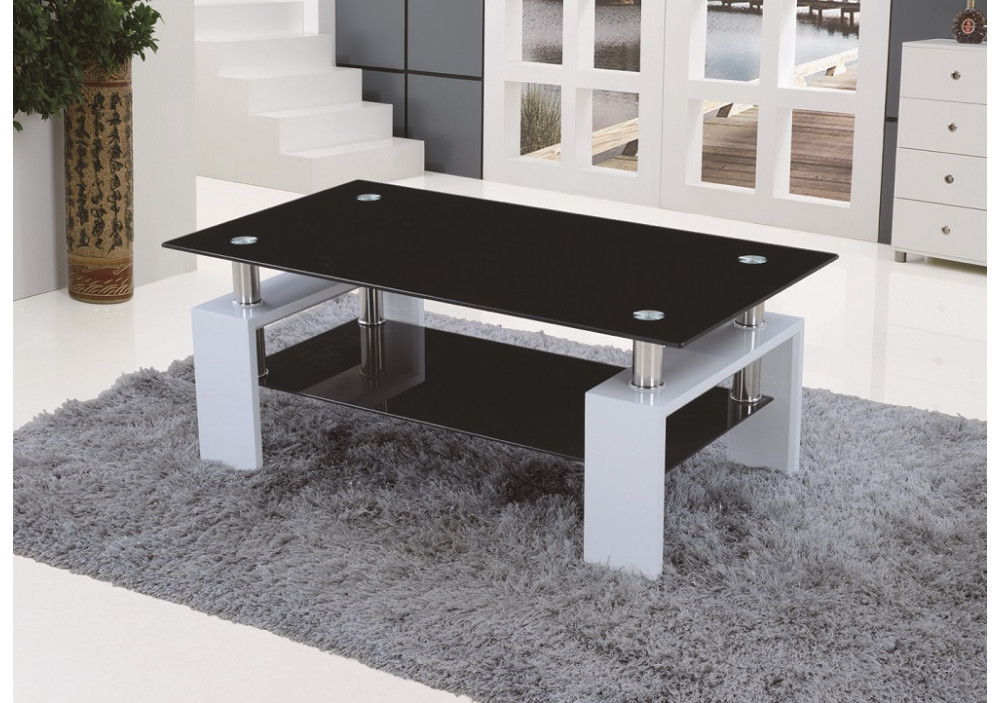 Table Basse Noe Pieds Blanc Plateaux Verre Noir