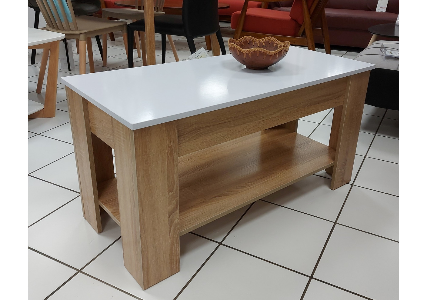 table basse lift blanc brillant plateau chene
