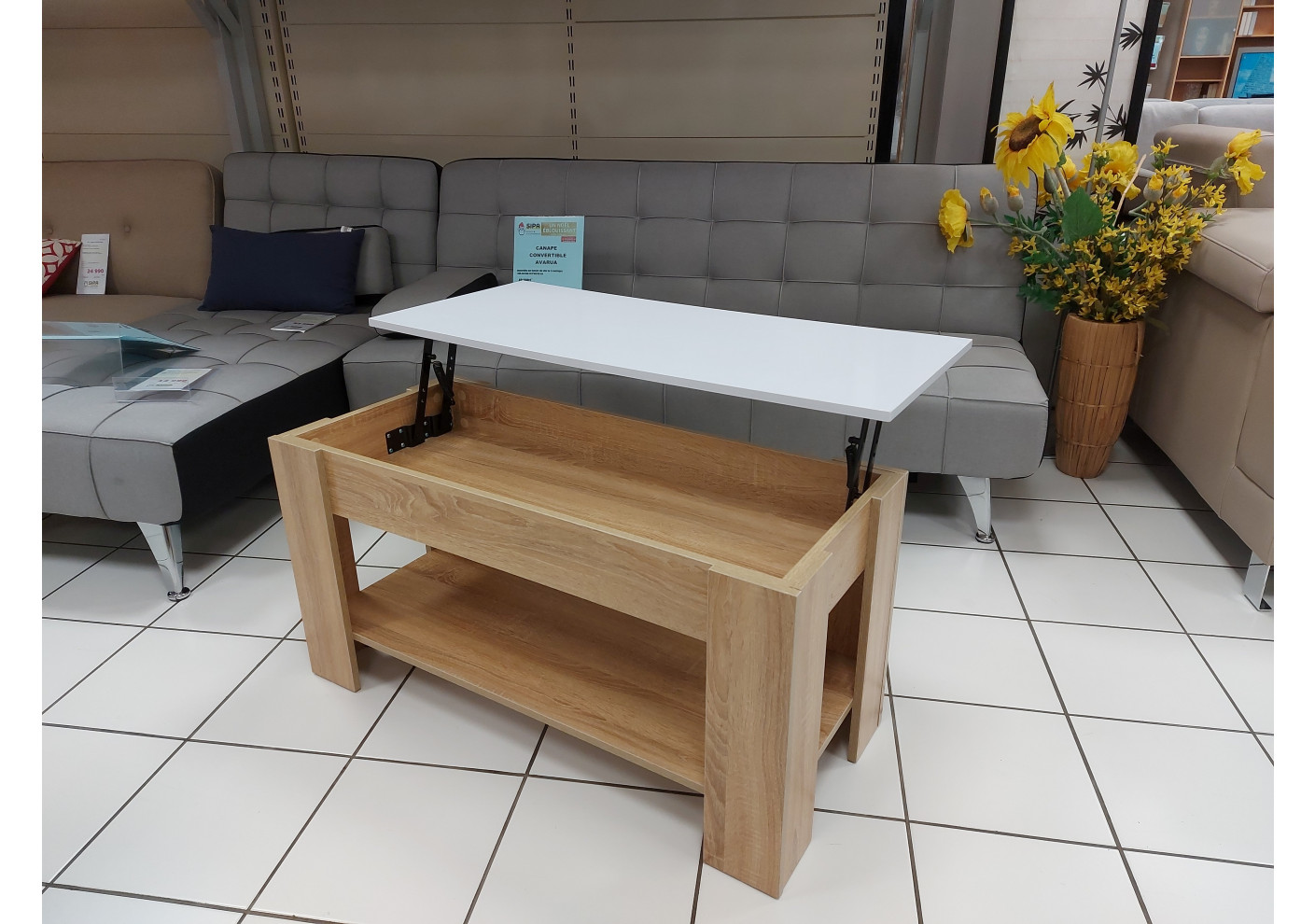 table basse lift blanc brillant plateau chene