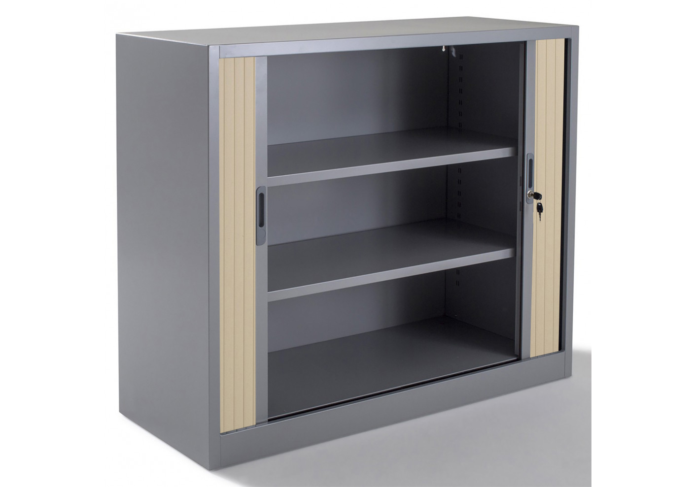 Armoire métal basse à rideaux L120 H100 cm coloris gris/portes chêne