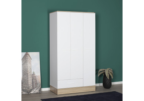 Armoire ALPHA 3 portes 1 tiroir décor chêne et blanc brillant
