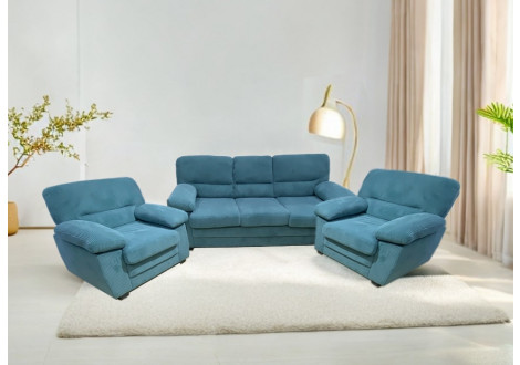 Salon 3 pièces CHICAGO cotelé bleu: 1 canapé 3 places + 2 fauteuils 1 place