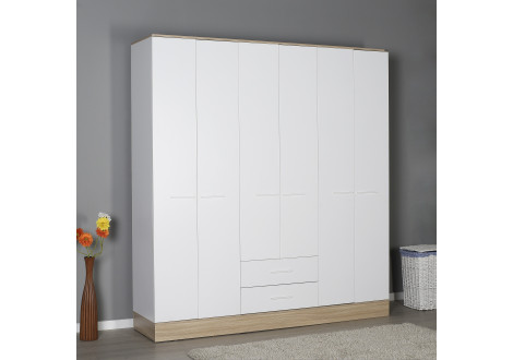 Armoire ALPHA 6 portes 2 tiroirs décor chêne et blanc brillant