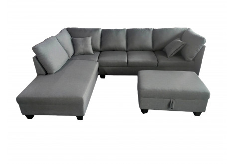 Salon d'angle MEMPHIS tissu gris méridienne à gauche + pouf inclus