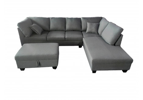 Salon d'angle MEMPHIS tissu gris méridienne à droite + pouf inclus