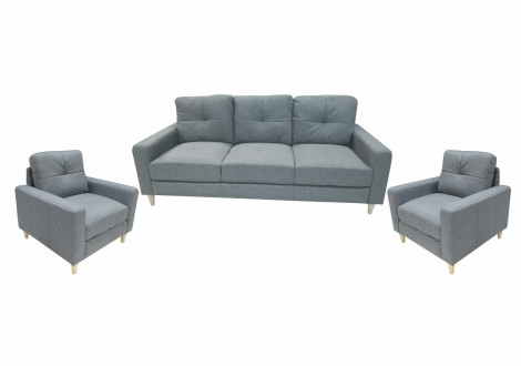 Salon 3 pièces: 1 canapé + 2 fauteuils JESSIE tissu gris clair