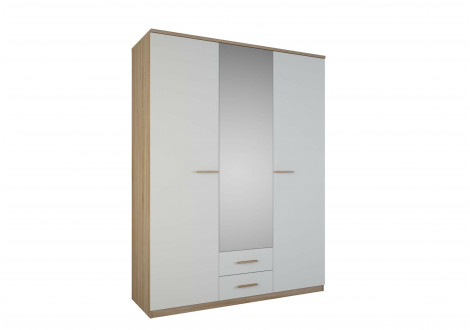 Armoire SELENA 3 portes 2 tiroirs avec miroir chêne brossé et blanc