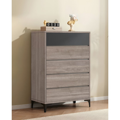 Commode SUZY 4 tiroirs décor noyer et gris 