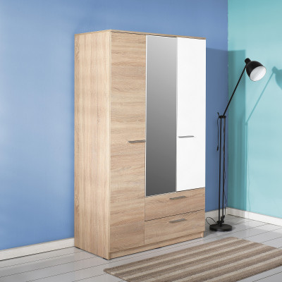 Armoire TRIO 3 portes 2 tiroirs décor chêne et blanc brillant