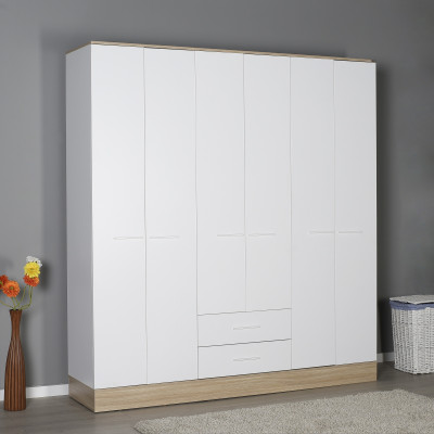 Armoire ALPHA 6 portes 2 tiroirs décor chêne et blanc brillant