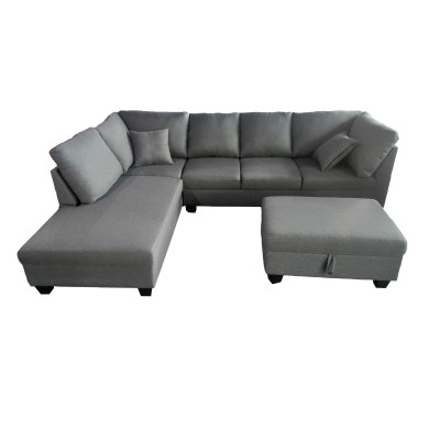 Salon d'angle MEMPHIS tissu gris méridienne à gauche + pouf inclus