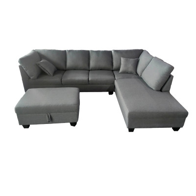 Salon d'angle MEMPHIS tissu gris méridienne à droite + pouf inclus