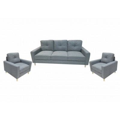 Salon 3 pièces: 1 canapé + 2 fauteuils JESSIE tissu gris clair