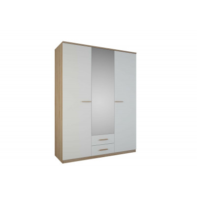 Armoire SELENA 3 portes 2 tiroirs avec miroir chêne brossé et blanc